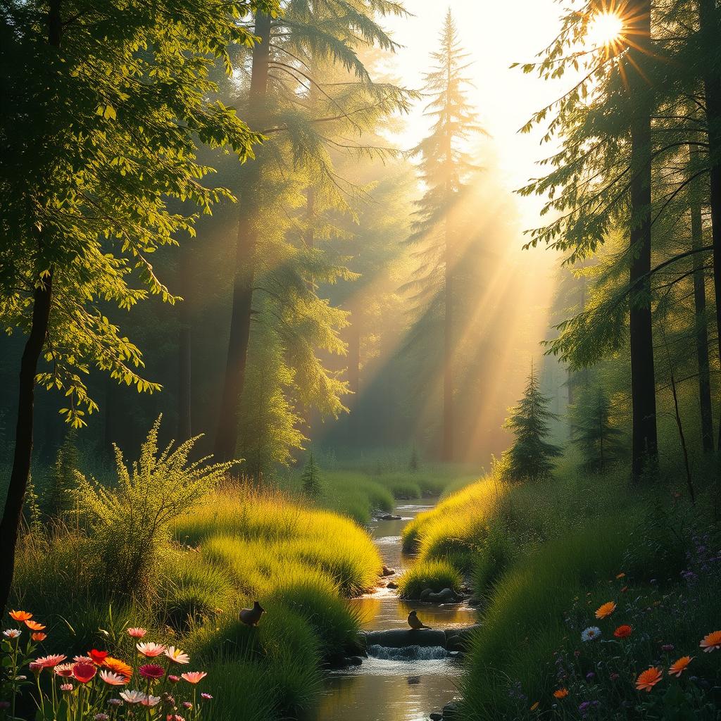 A serene morning scene in a lush, green forest, illuminated by soft golden sunlight filtering through the tall trees