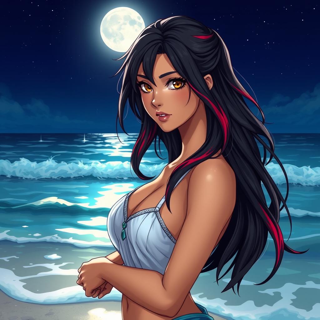 A charismatic Latina woman with mesmerizing brown eyes and long flowing dark hair with red highlights, featuring a slight tan complexion