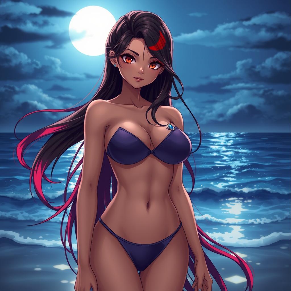 A charismatic Latina woman with mesmerizing brown eyes and long flowing dark hair accented with red highlights, showcasing a slight tan complexion