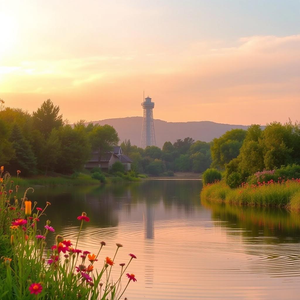 A tranquil lake oasis during the golden hour, bathed in soft, warm light