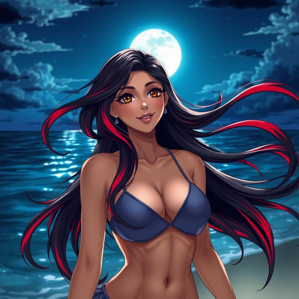 A charismatic Latina woman with mesmerizing brown eyes and long flowing dark hair that has striking red highlights, possessing a slight tan complexion