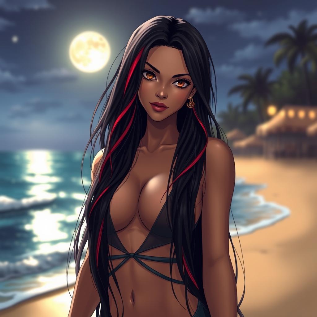A charismatic Latina woman with mesmerizing brown eyes, long flowing dark hair featuring striking red highlights, and a slight tan complexion