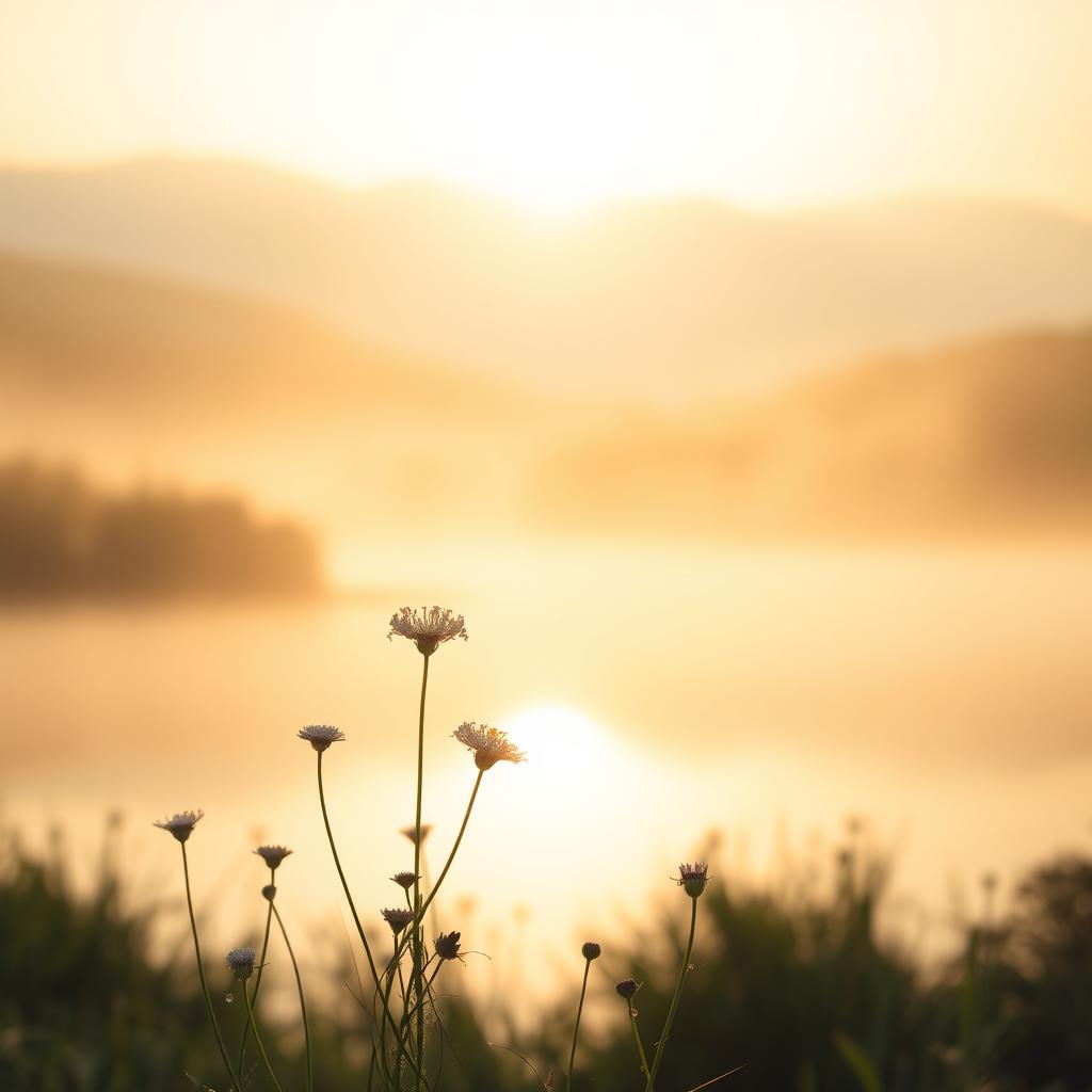 A serene and tranquil scene of a peaceful morning glow as the sun rises