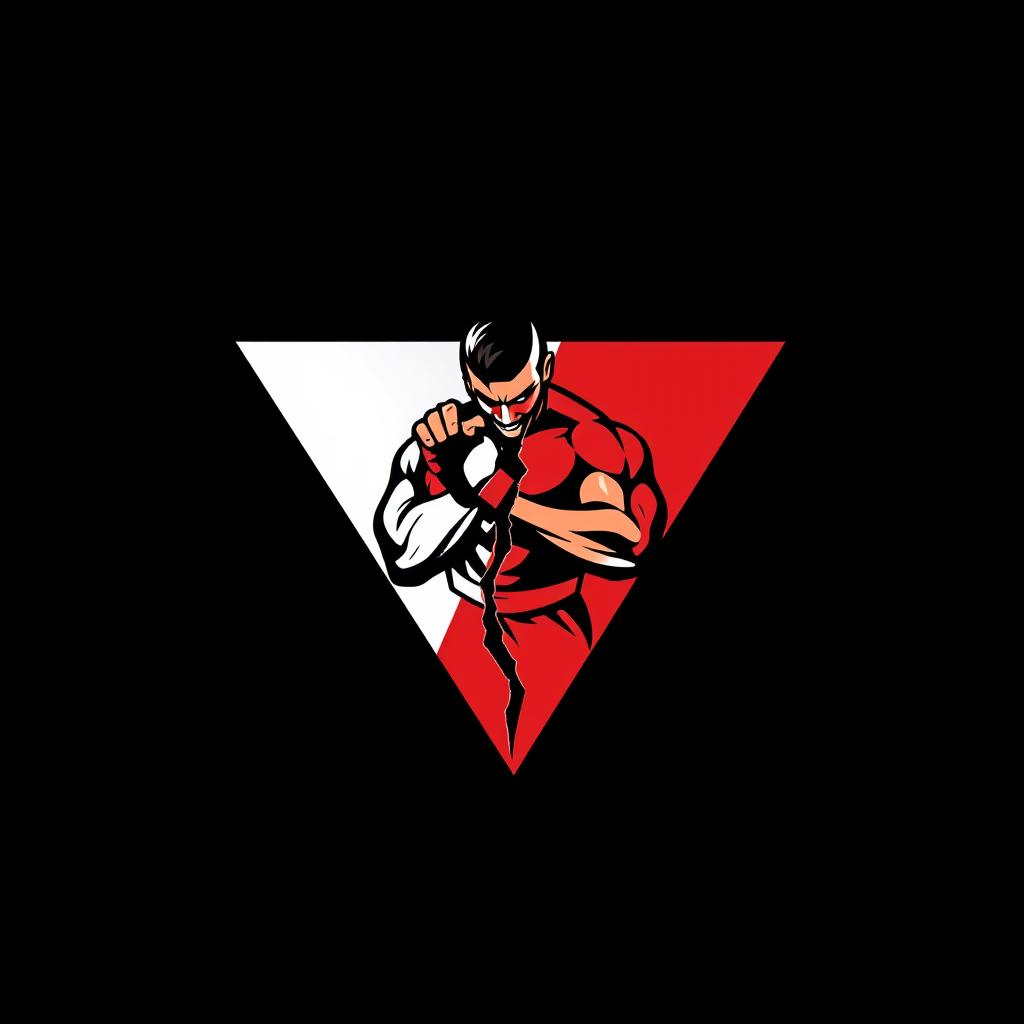 A modern and professional logo design featuring a broken triangle in red and white, integrated with a vector illustration of a fighter