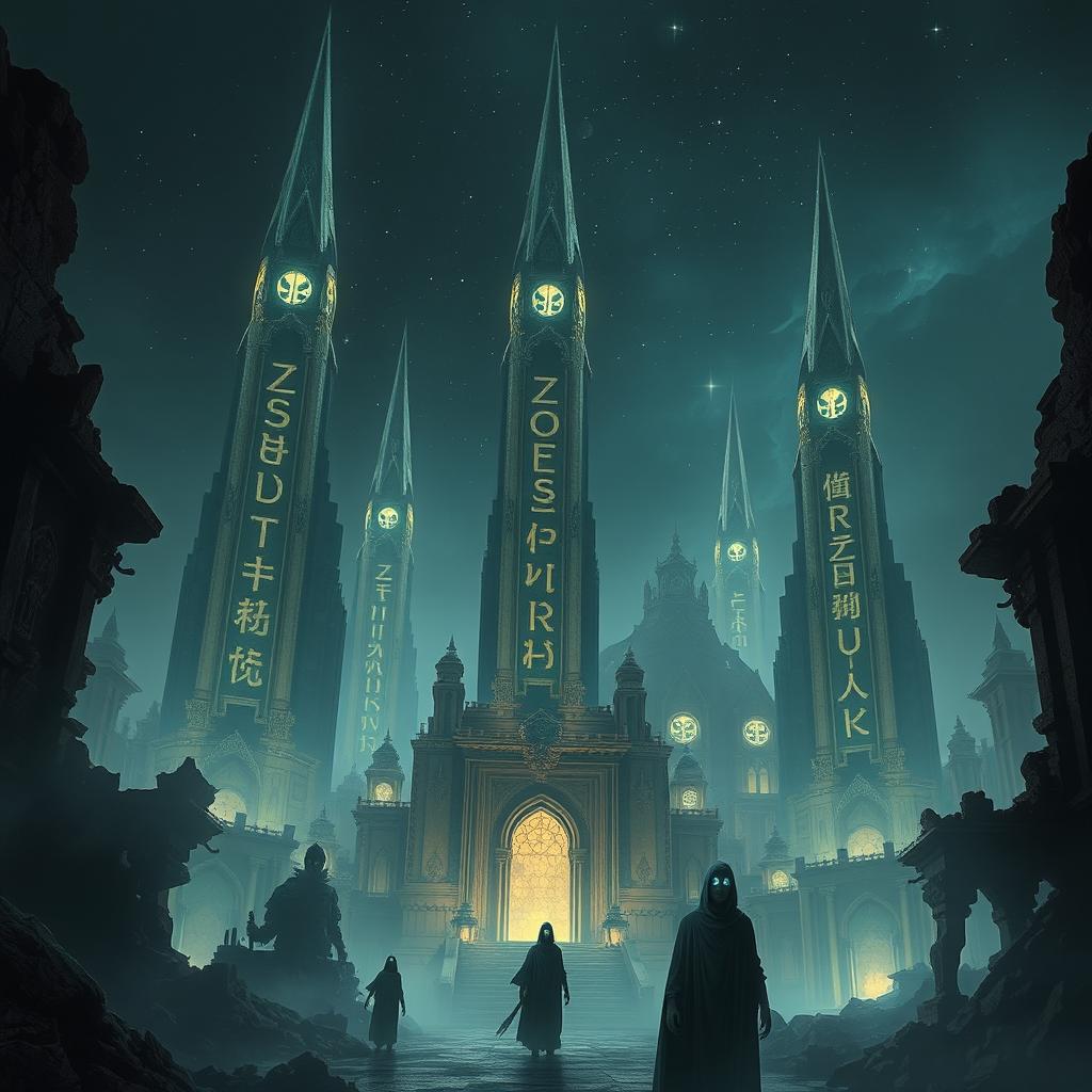 A mysterious ancient city with towering spires emitting glowing inscriptions and symbols, under a dark, starry sky