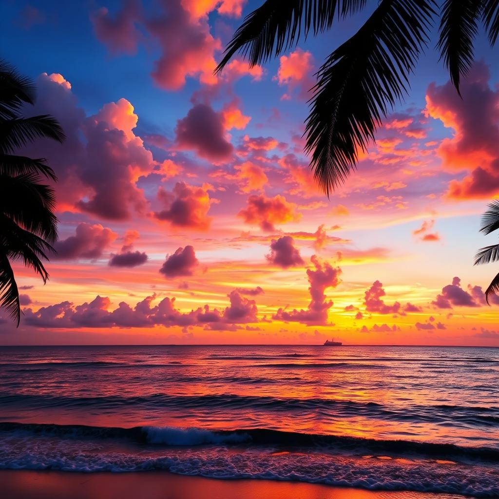 A breathtaking sunset over a tranquil ocean, with vibrant hues of orange, pink, and purple reflecting on the water's surface