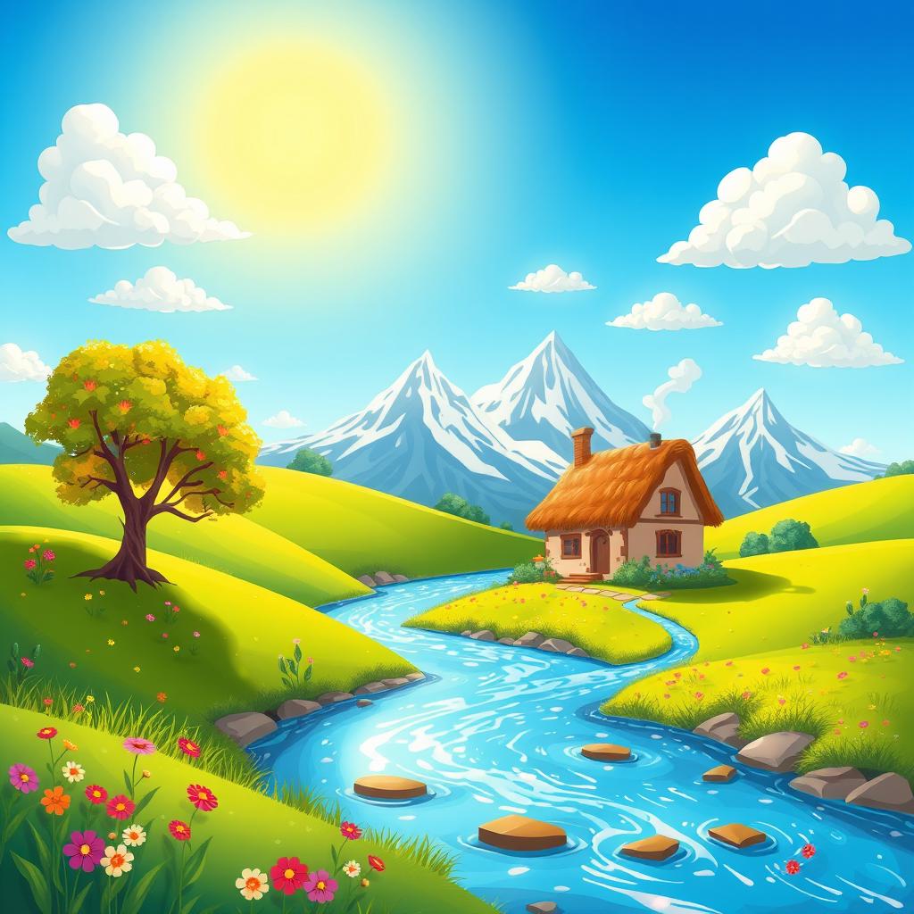 A colorful cartoon-style illustration of a beautiful fantasy landscape