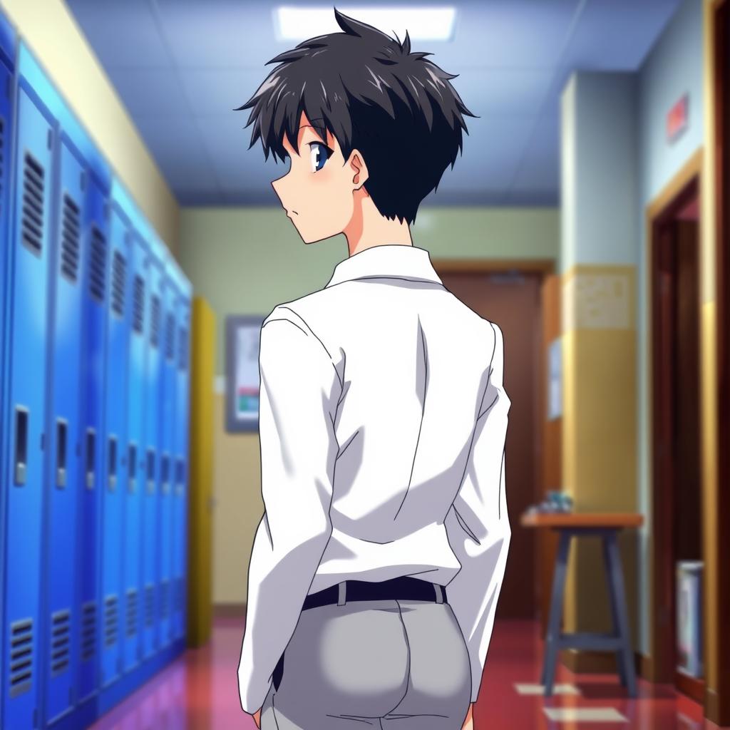 A 15-year-old boy student with short black hair wearing a crisp white uniform and a black tie, standing with his back facing the viewer