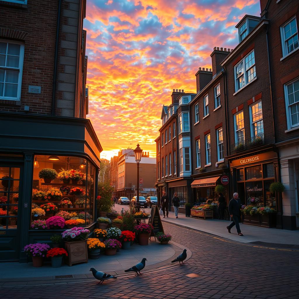 A charming flower shop set in old London during a breathtaking sunset