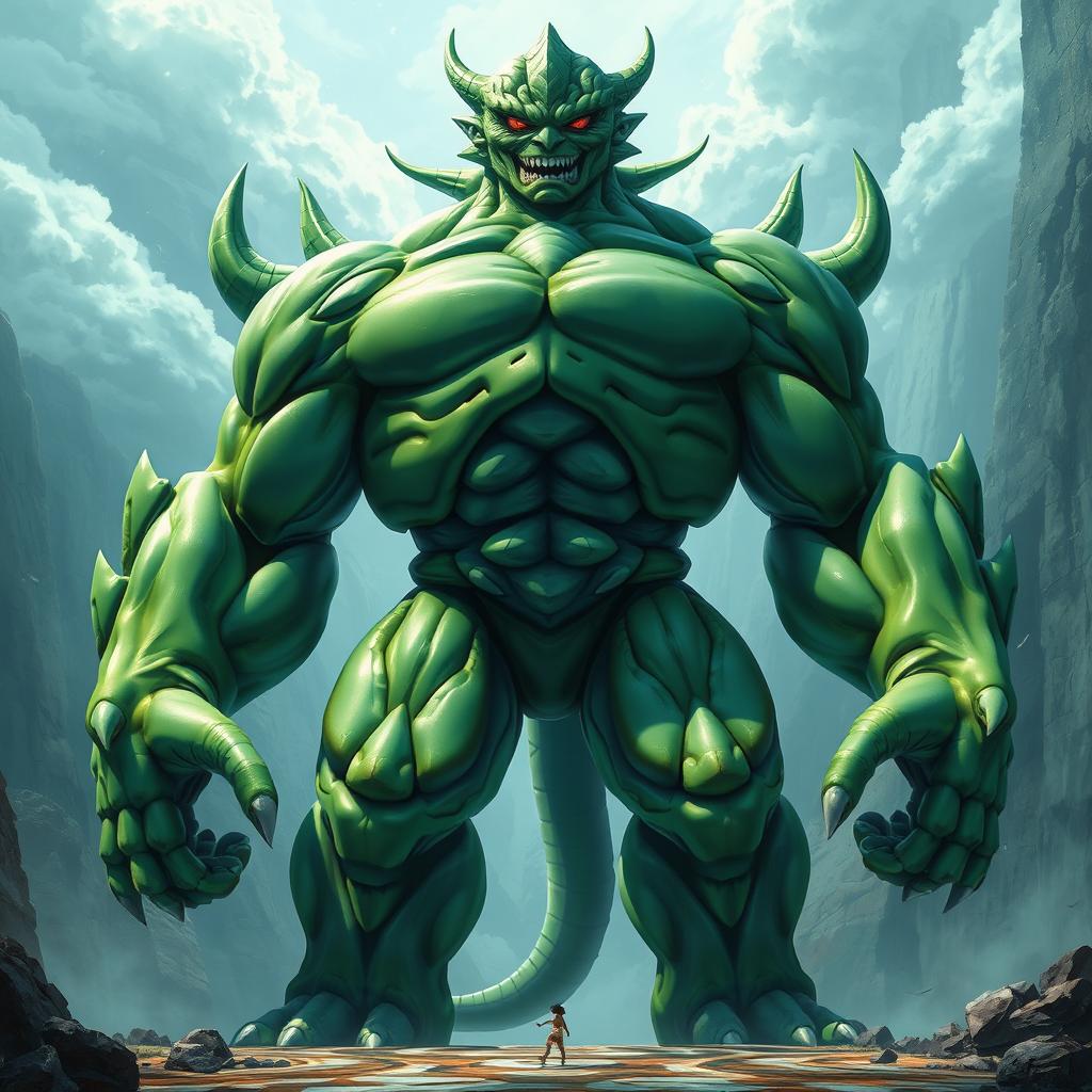 A giant green humanoid creature, standing at 18 meters tall, with a muscular body and a striking metallic sheen