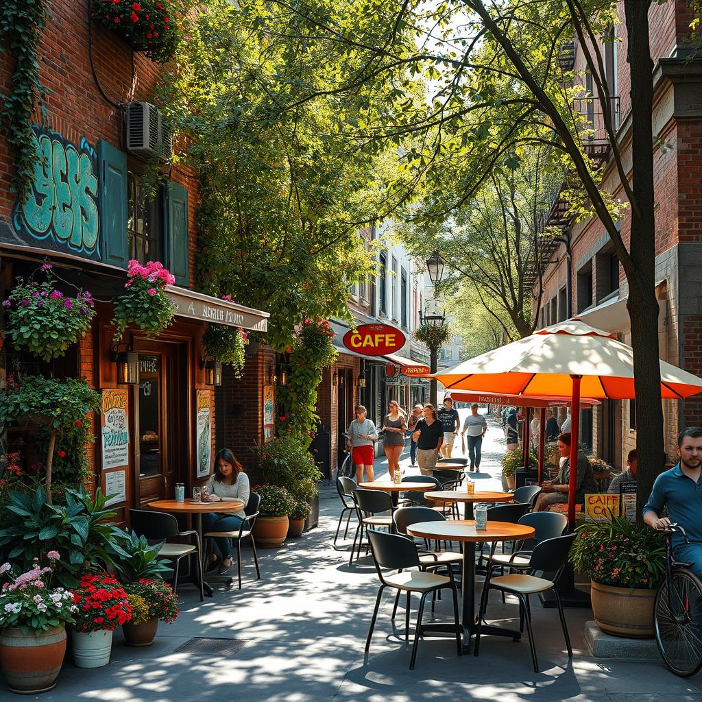 A charming café oasis nestled in a vibrant urban streetscape, adorned with colorful flowers and greenery