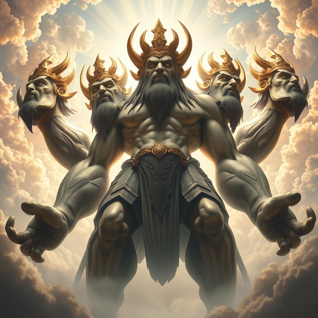 A colossal god-like figure with three heads, each displaying powerful and regal expressions