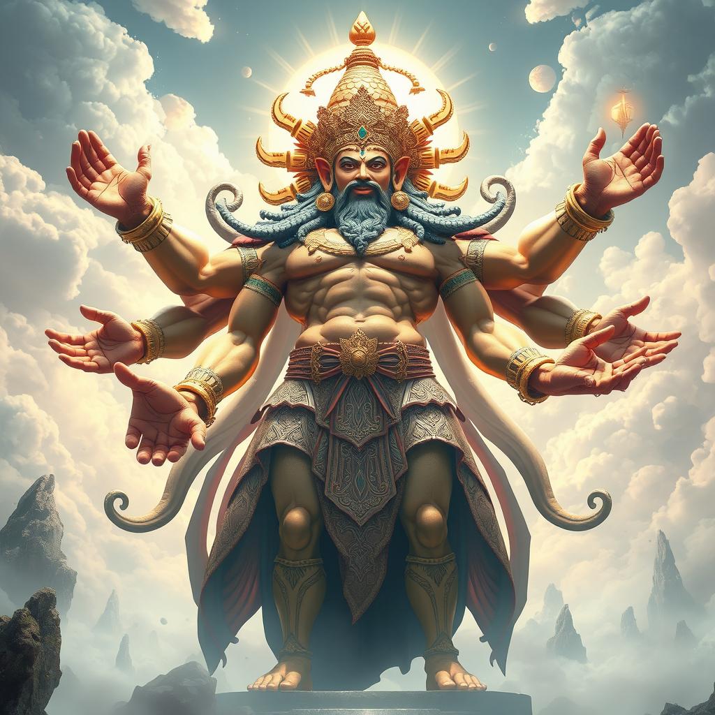 A towering giant god figure with six powerful arms, each displaying incredible strength and divine grace