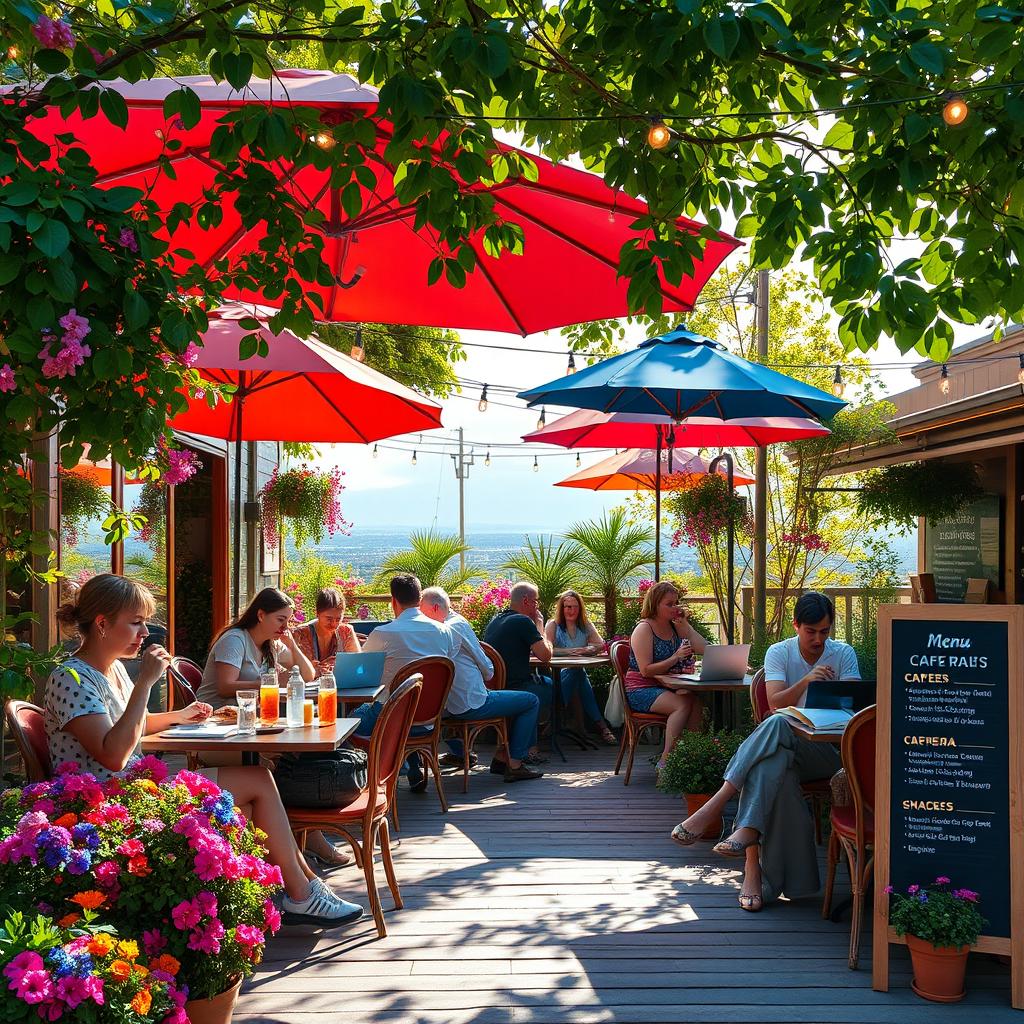 A beautifully designed outdoor cafe scene filled with vibrant flowers and greenery, featuring cozy seating arrangements under colorful umbrellas
