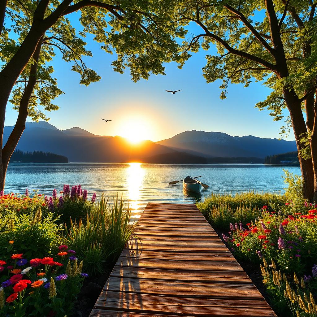 A vibrant lake oasis surrounded by lush greenery and colorful wildflowers