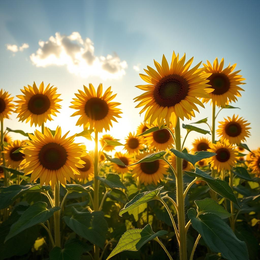 A vibrant field of sunflowers basking in the golden morning sunlight, casting long shadows on the soft earth