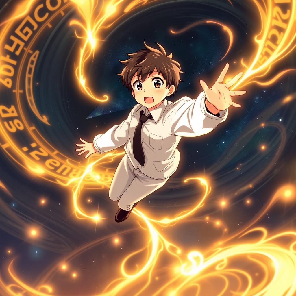 A young anime-style boy wearing a crisp white school uniform with a black tie is suspended in mid-air, his expression a mix of surprise and determination