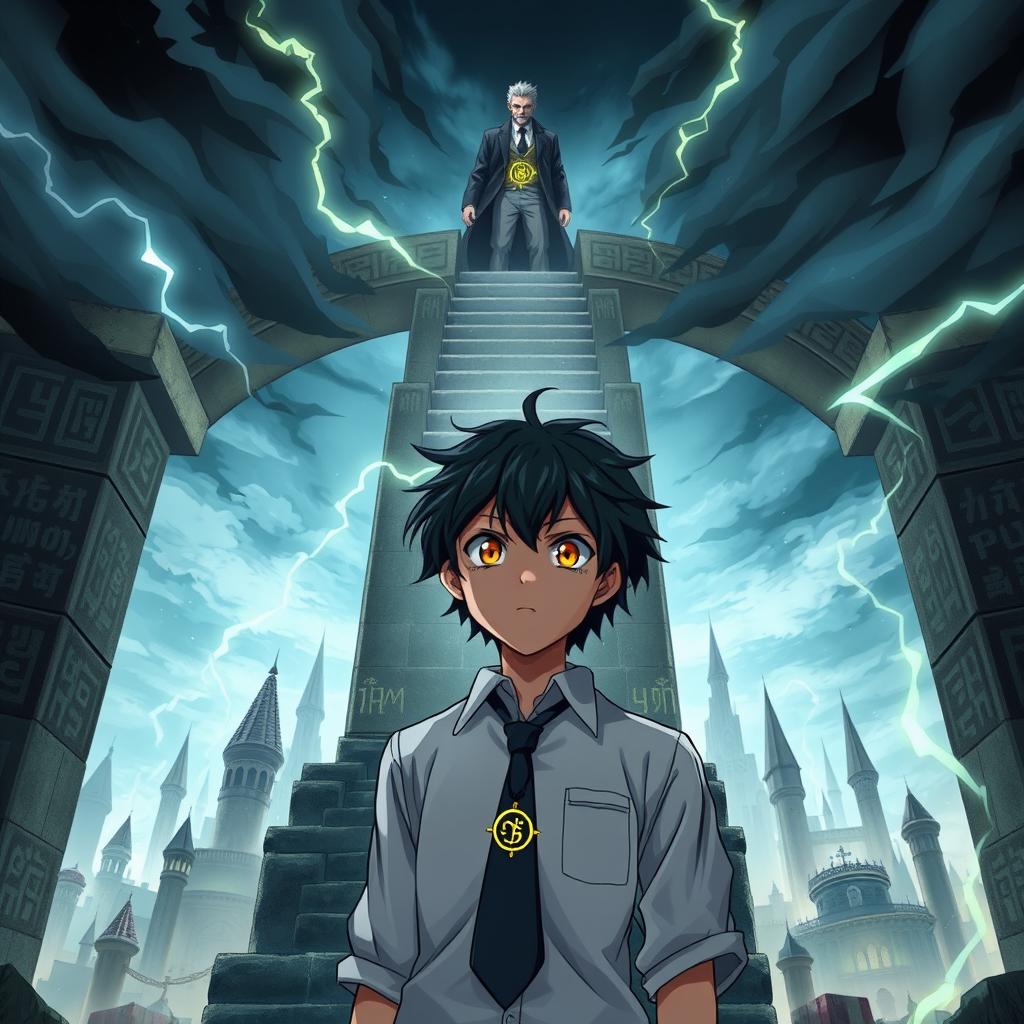 A determined anime boy in a white school uniform with a tie, featuring dark, messy hair and intense eyes, stands before a gigantic, ancient stone archway adorned with glowing mysterious runes