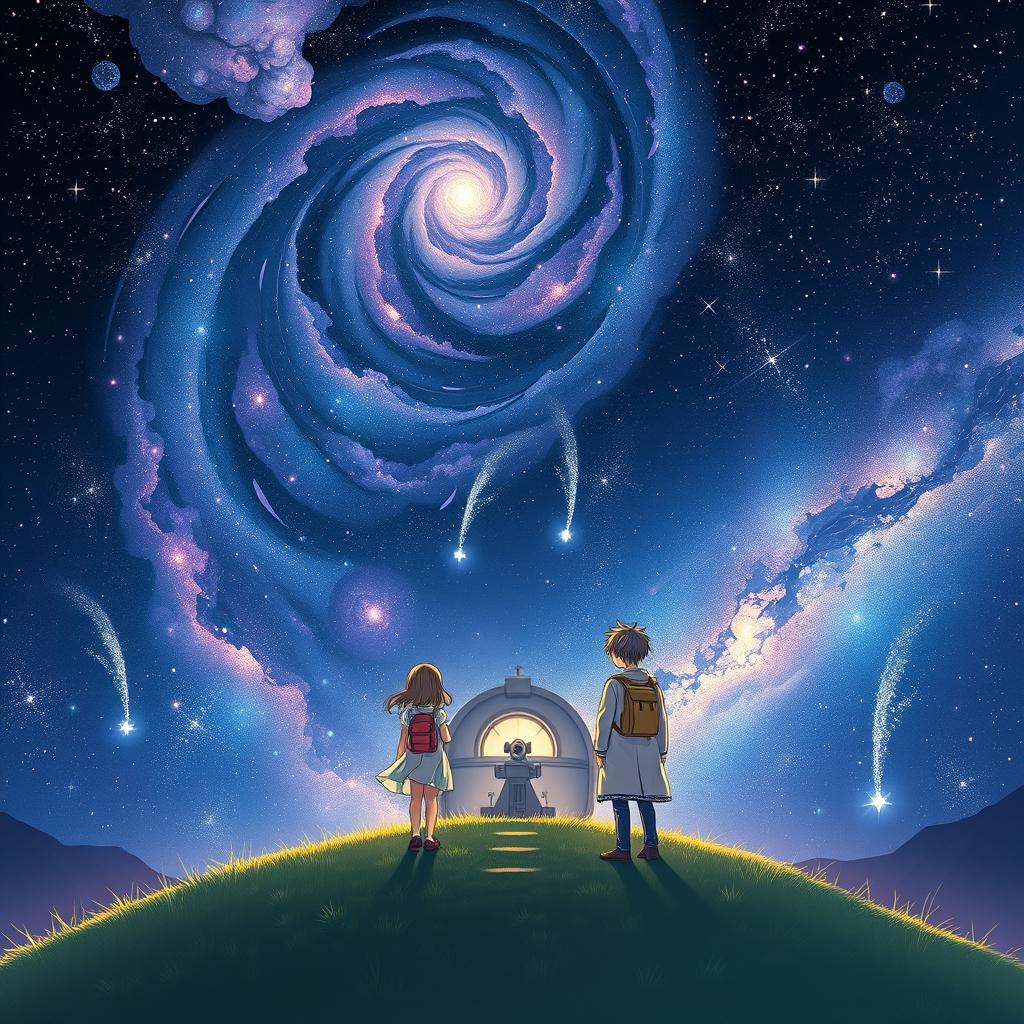 An anime-style book cover illustration featuring a stunning night sky filled with swirling galaxies, purple-blue nebulae, and twinkling stars, complemented by falling meteors against a navy-black backdrop