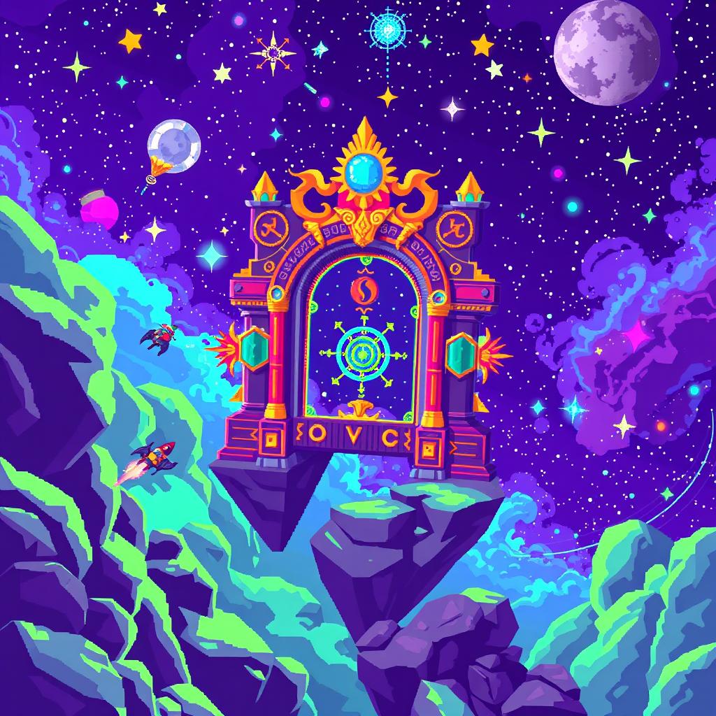 A vibrant pixel art scene depicting an intricate space gate floating in the cosmos