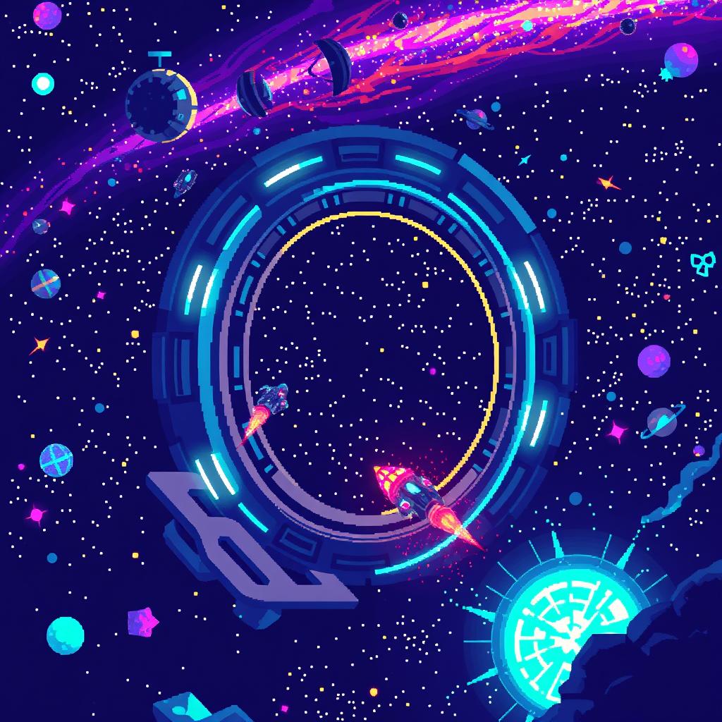 A captivating pixel art scene of a sci-fi blinkgate set in the depths of outer space, surrounded by a myriad of stars and colorful cosmic phenomena