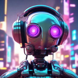 A large, bulbous robot wearing earphones, equipped with a camera, showcasing shiny eyes. Render this scene in the distinctive digital art style of Beeple, combined with the fantasy elements of Brothers Hildebrandt and the surrealist tones of Cyril Rolando, in a high-quality Octane render, focusing on a close-up