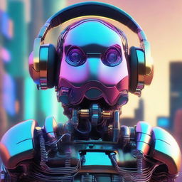 A large, bulbous robot wearing earphones, equipped with a camera, showcasing shiny eyes. Render this scene in the distinctive digital art style of Beeple, combined with the fantasy elements of Brothers Hildebrandt and the surrealist tones of Cyril Rolando, in a high-quality Octane render, focusing on a close-up