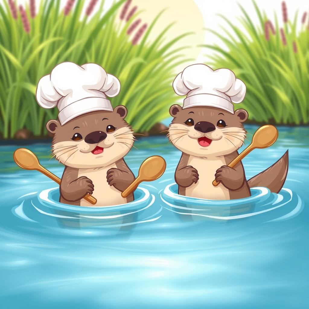 Two adorable otters wearing white chefs hats, playfully floating in a clear blue river