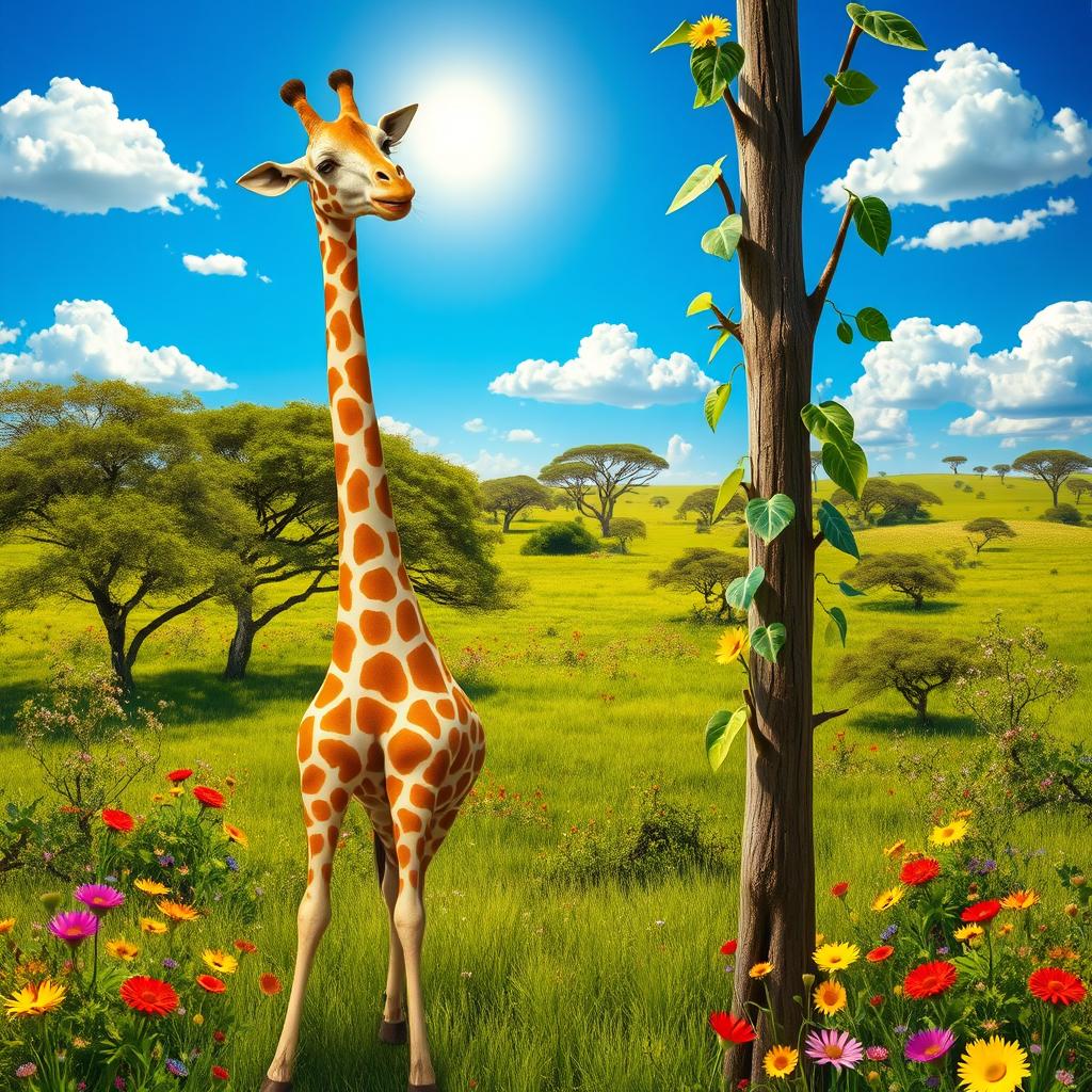 A whimsical and colorful scene featuring a giraffe that has been transformed from a humanoid figure