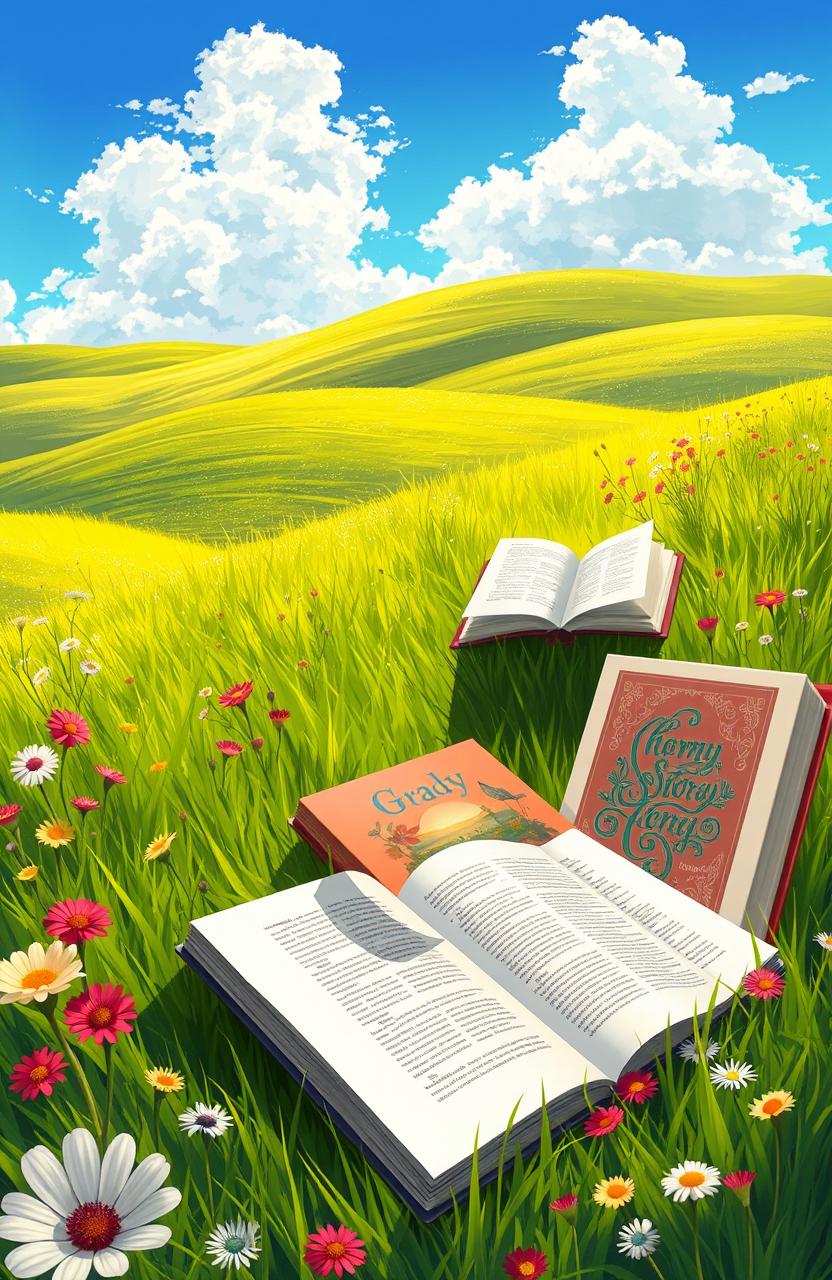 A serene digital painting featuring a collection of beautifully designed books lying open on a lush green meadow, surrounded by vibrant wildflowers and gentle rolling hills