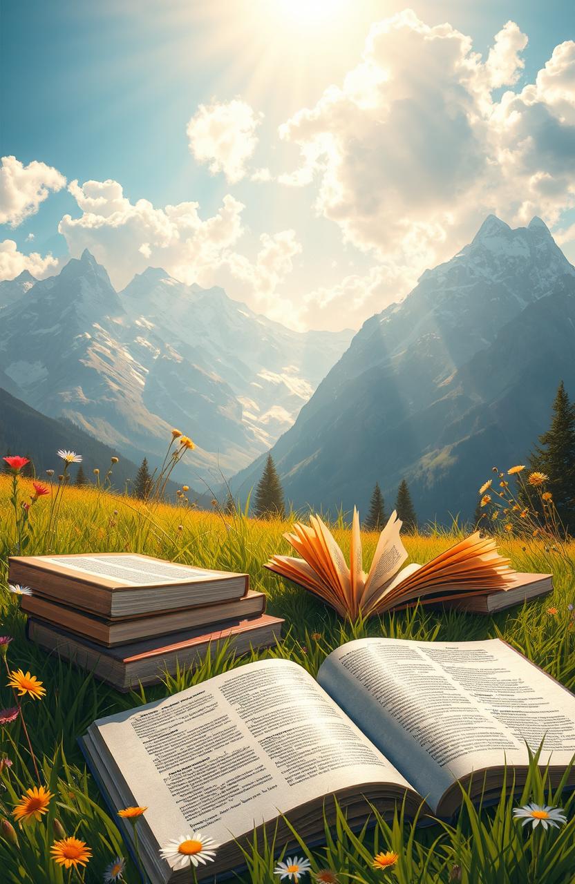 A tranquil digital painting showcasing a collection of beautiful books lying open on a lush green grass under the majestic mountains