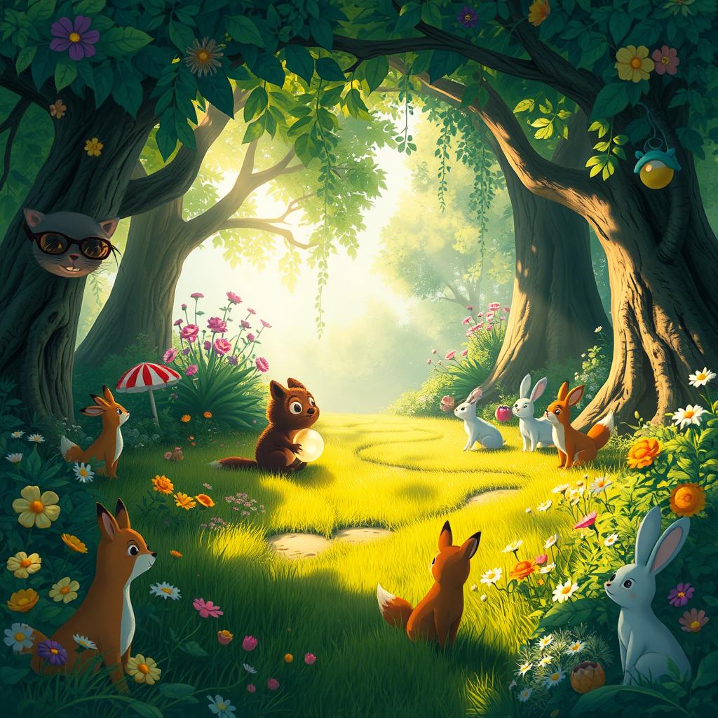 A whimsical scene depicting a cozy forest clearing filled with vibrant, lush greenery, colorful flowers, and gentle sunlight streaming through the leaves