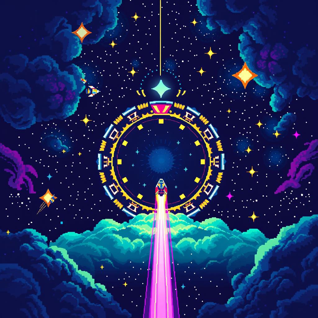 A detailed pixel art scene of a sci-fi blinkgate set amidst the stars in outer space