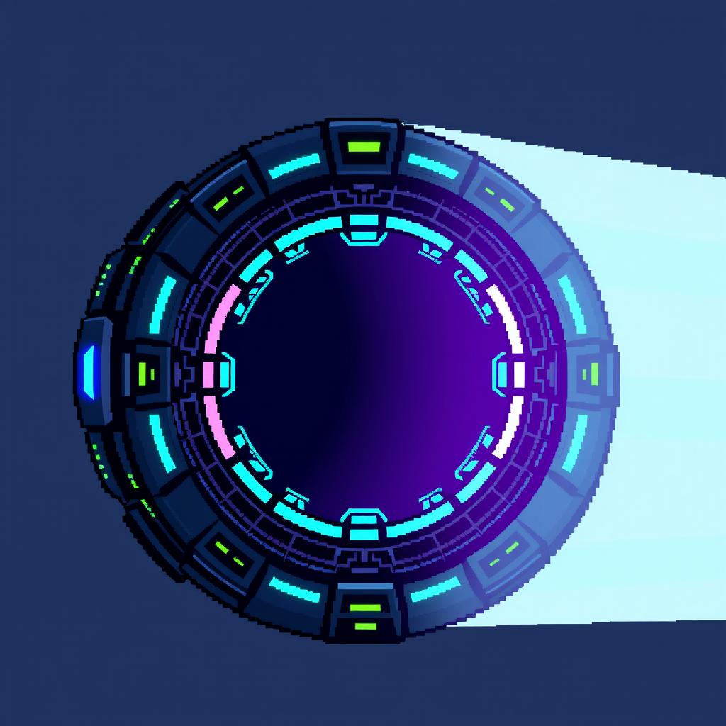 A pixel art representation of a sci-fi blinkgate designed with intricate patterns and glowing features