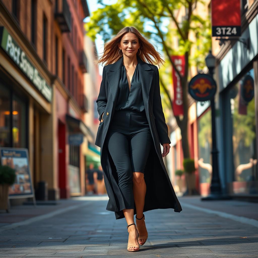 A stylish woman walking confidently down a vibrant urban street, dressed in a chic, modern outfit with a flowing coat and elegant heels, her hair billowing in the wind, surrounded by beautiful city architecture and colorful storefronts, with bright sunlight filtering through the trees, conveying a sense of empowerment and grace