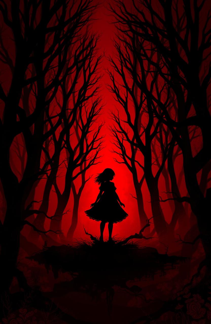 A captivating digital painting featuring the silhouette of a girl emerging from a deep, red, dark forest