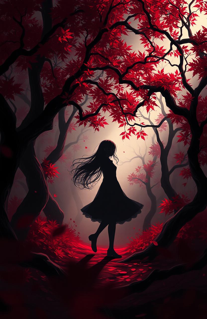A digital painting depicting the shadow of a girl emerging from a dark, enchanting red forest landscape