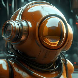 A large, bulbous robot wearing earphones, equipped with a camera, showcasing shiny eyes. Render this scene in the distinctive digital art style of Beeple, combined with the fantasy elements of Brothers Hildebrandt and the surrealism of Cyril Rolando. Use a high-quality Octane render. Focus on a close-up view.