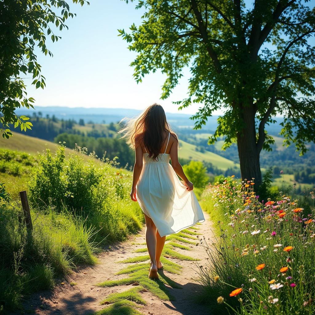 A woman walking on a scenic pathway, surrounded by lush greenery and colorful wildflowers