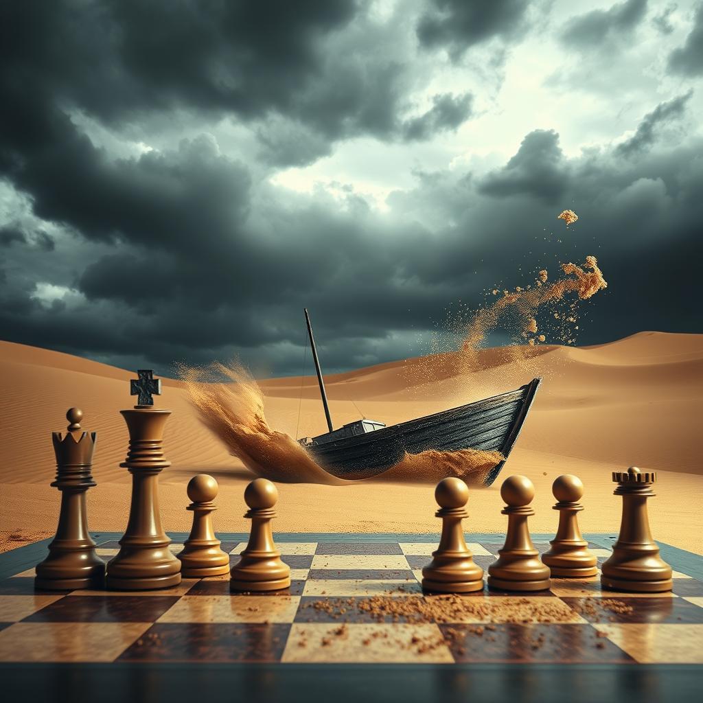 A realistic professional photo montage of a chessboard with chess pieces, featuring a boat emerging from the sands of a desert during a storm