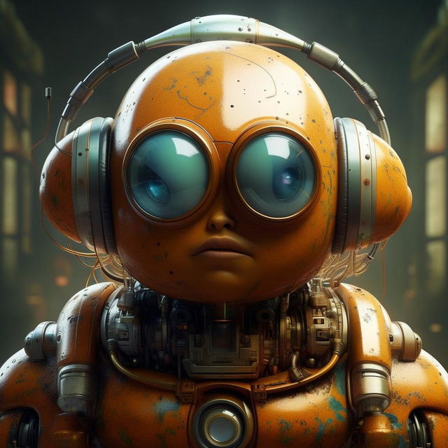 A large, bulbous robot wearing earphones, equipped with a camera, showcasing shiny eyes. Render this scene in the distinctive digital art style of Beeple, combined with the fantasy elements of Brothers Hildebrandt and the surrealism of Cyril Rolando. Use a high-quality Octane render. Focus on a close-up view.