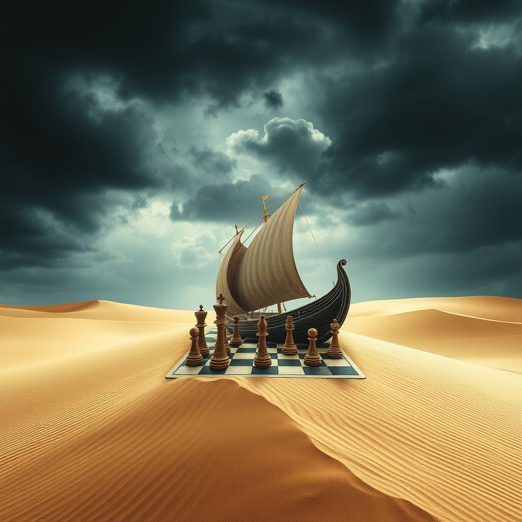 A realistic photo montage design featuring a chessboard and chess pieces set atop a desert sand dune, with a mystical boat emerging from the sands