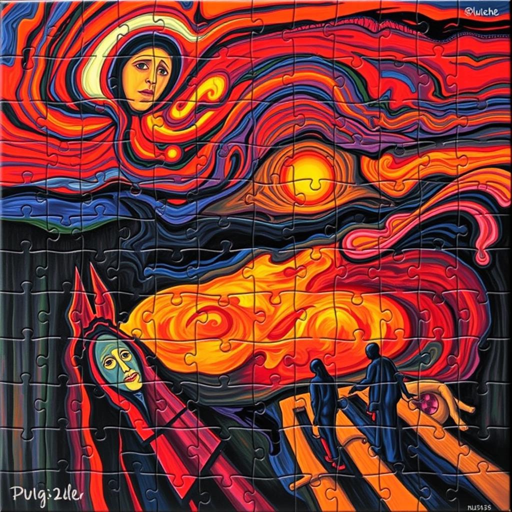 A colorful and intricate puzzle scene inspired by Edvard Munch's expressive art style, featuring swirling colors, dramatic contrasts, and emotional depth