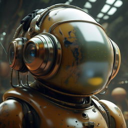 A large, bulbous robot wearing earphones, equipped with a camera, showcasing shiny eyes. Render this scene in the distinctive digital art style of Beeple, combined with the fantasy elements of Brothers Hildebrandt and the surrealism of Cyril Rolando. Use a high-quality Octane render. Focus on a close-up view.