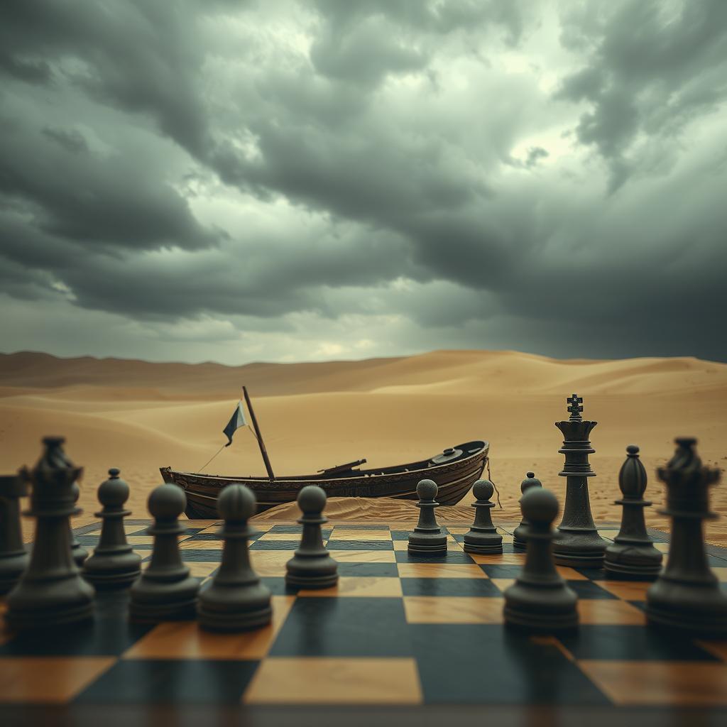 A realistic professional photomontage featuring a chessboard with intricately designed chess pieces placed on it, set against the backdrop of a desert during a storm