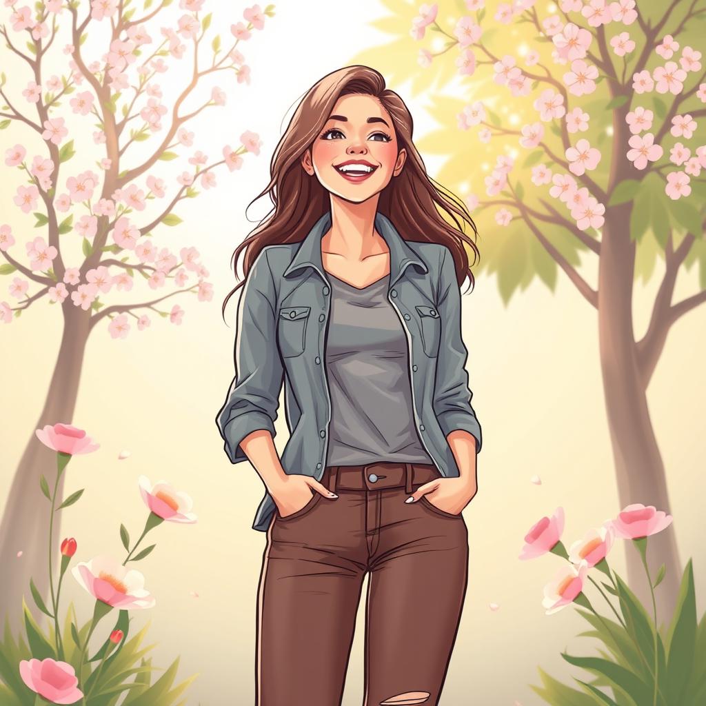 An illustration of a confident and self-assured woman standing tall in a vibrant, supportive environment