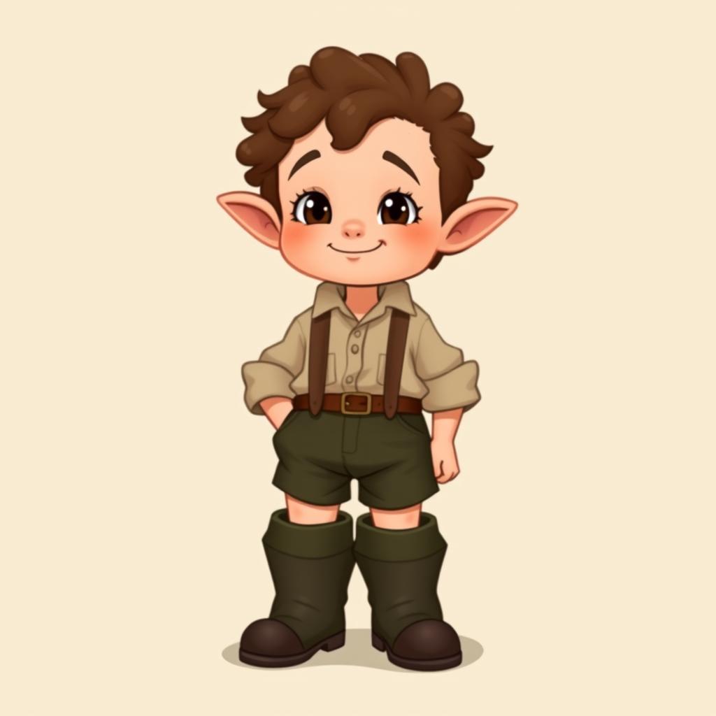 A halfling boy character standing with a slight smile, featuring short stature, round face, and curly hair