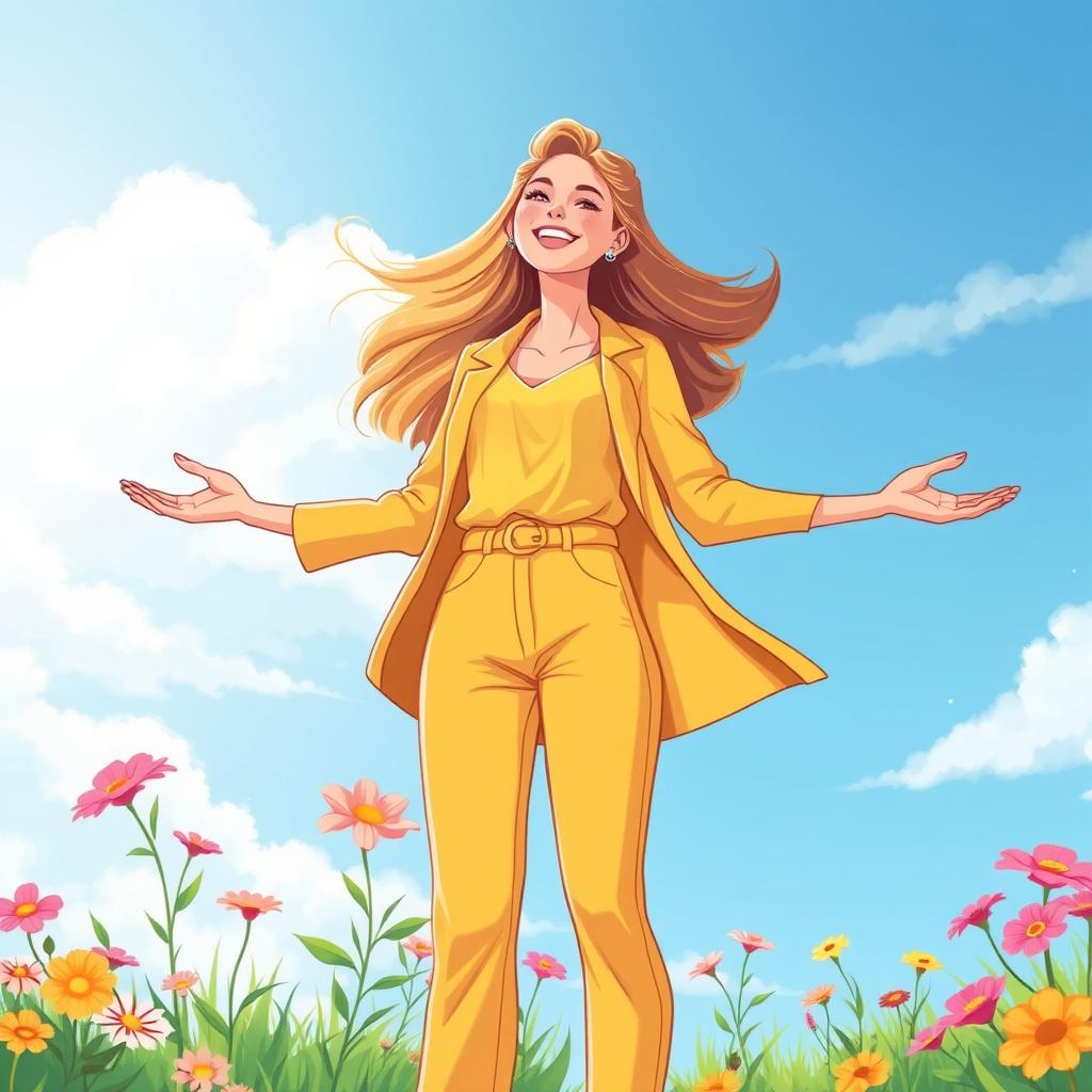 An illustration of a confident and fulfilled woman radiating self-esteem and positivity