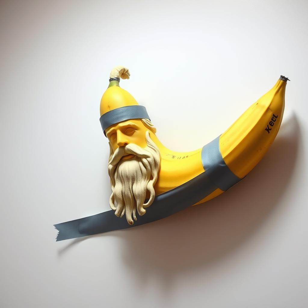 A realistic photomontage of a banana shaped like Zeus, prominently displayed against a clean white wall