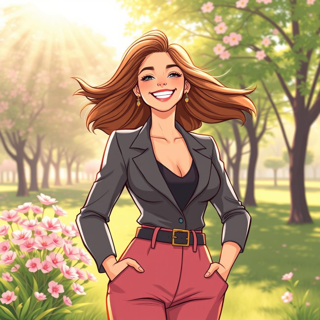 An illustration of a radiant woman exuding confidence and self-esteem, standing tall with a joyful smile